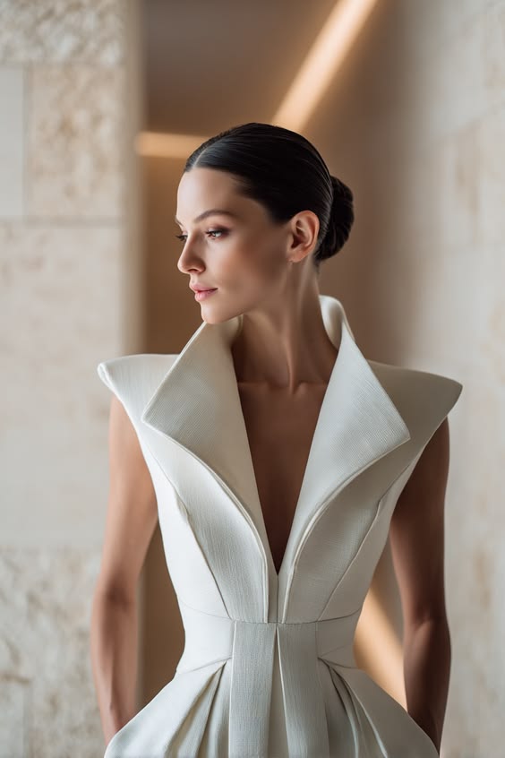 Elegant bridal portrait featuring a structured couture silhouette with a sculptural neckline and refined ar…