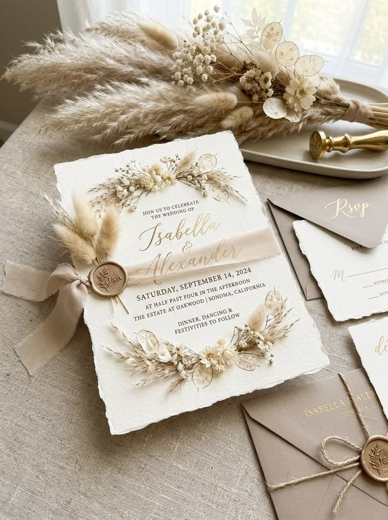 Elegant bohemian wedding invitation featuring a stunning arrangement of pampas grass, bunny tails, and drie…